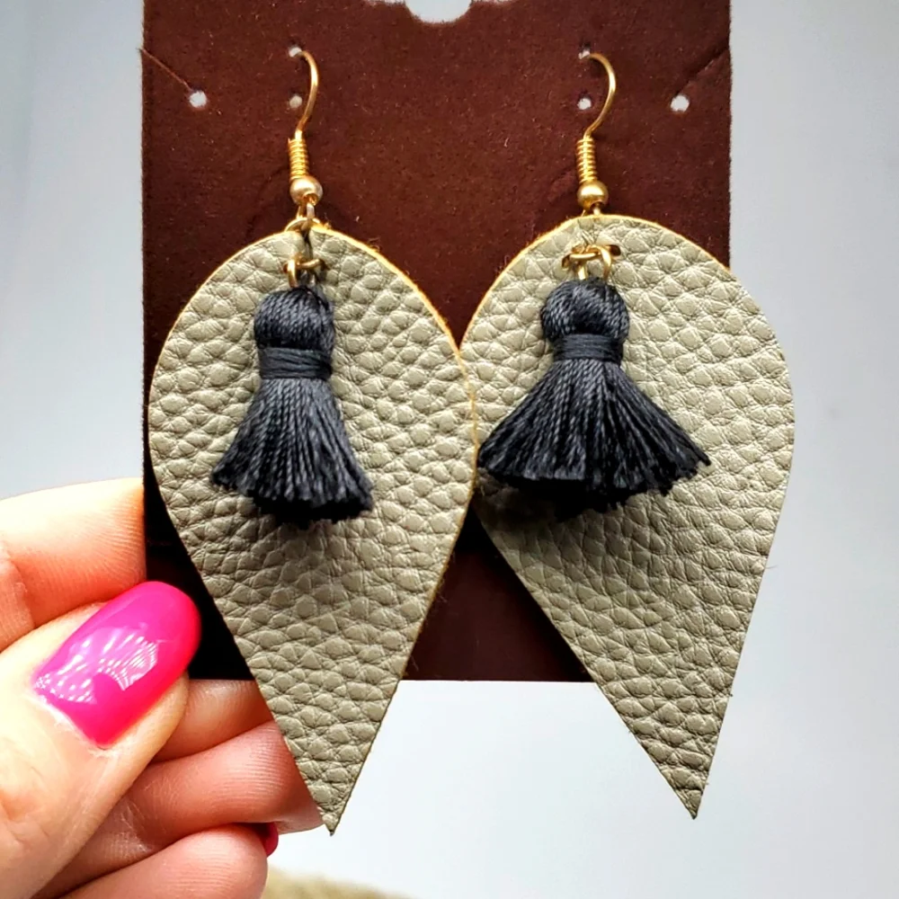 Gray Faux Leather with Black Tassel Dangly Pierced Earrings